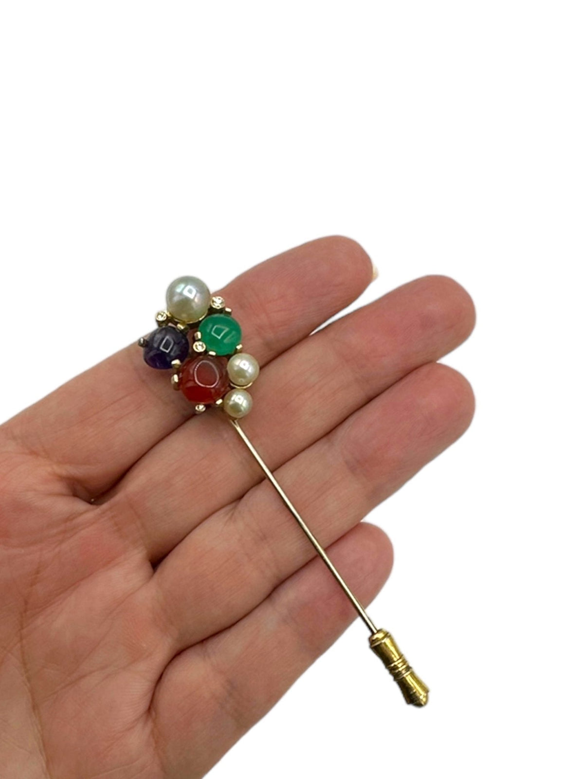 Gold Multi - Cabochon & Pearl Crystal Stick Pin - 24 Wishes Vintage Jewelry