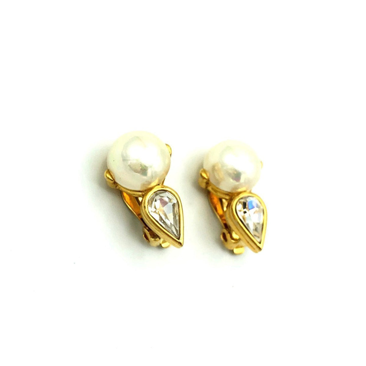 Gold Nina Ricci Classic Pearl & Rhinestone Vintage Clip - On Earrings - 24 Wishes Vintage Jewelry