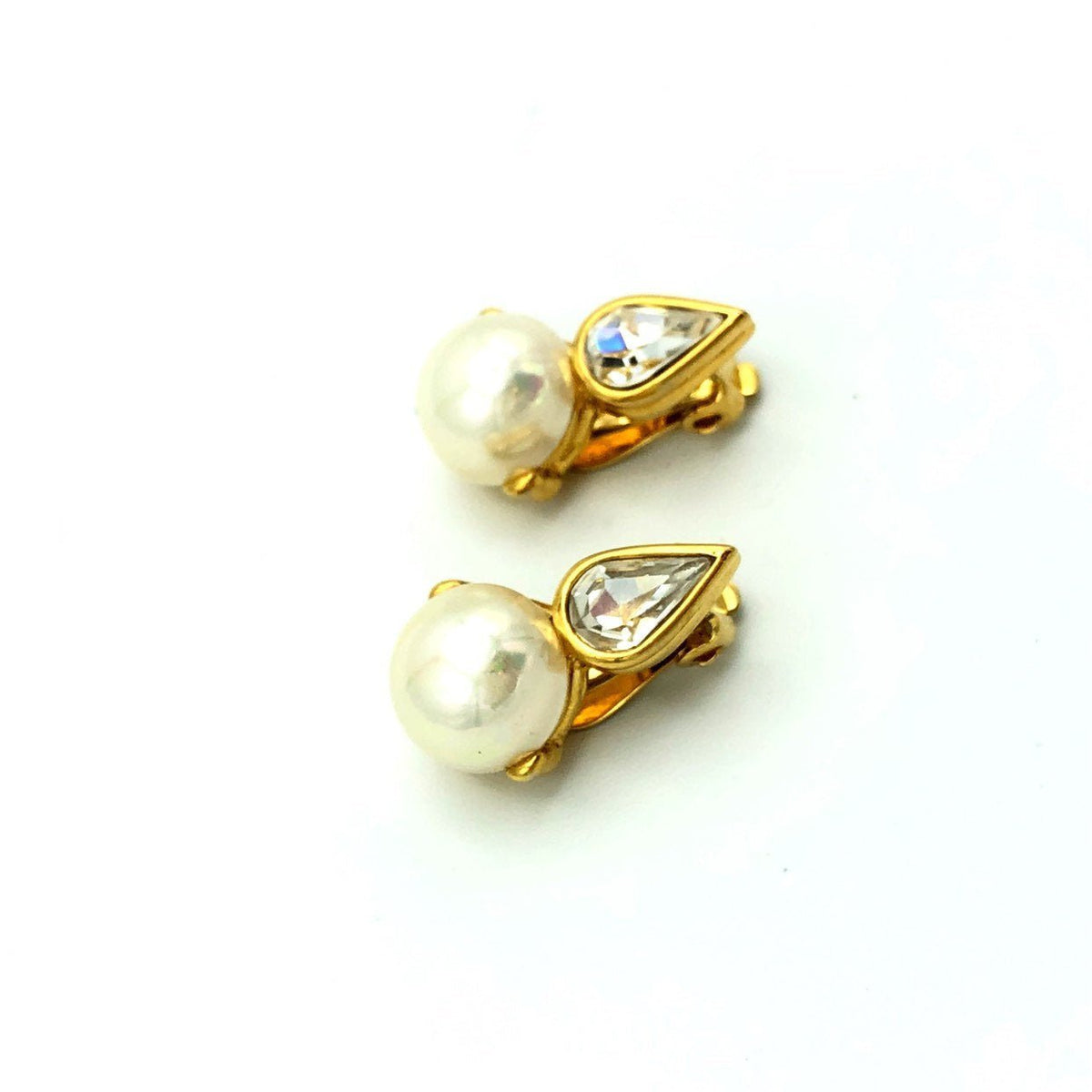 Gold Nina Ricci Classic Pearl & Rhinestone Vintage Clip - On Earrings - 24 Wishes Vintage Jewelry