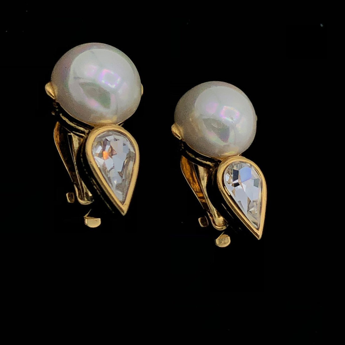 Gold Nina Ricci Classic Pearl & Rhinestone Vintage Clip - On Earrings - 24 Wishes Vintage Jewelry