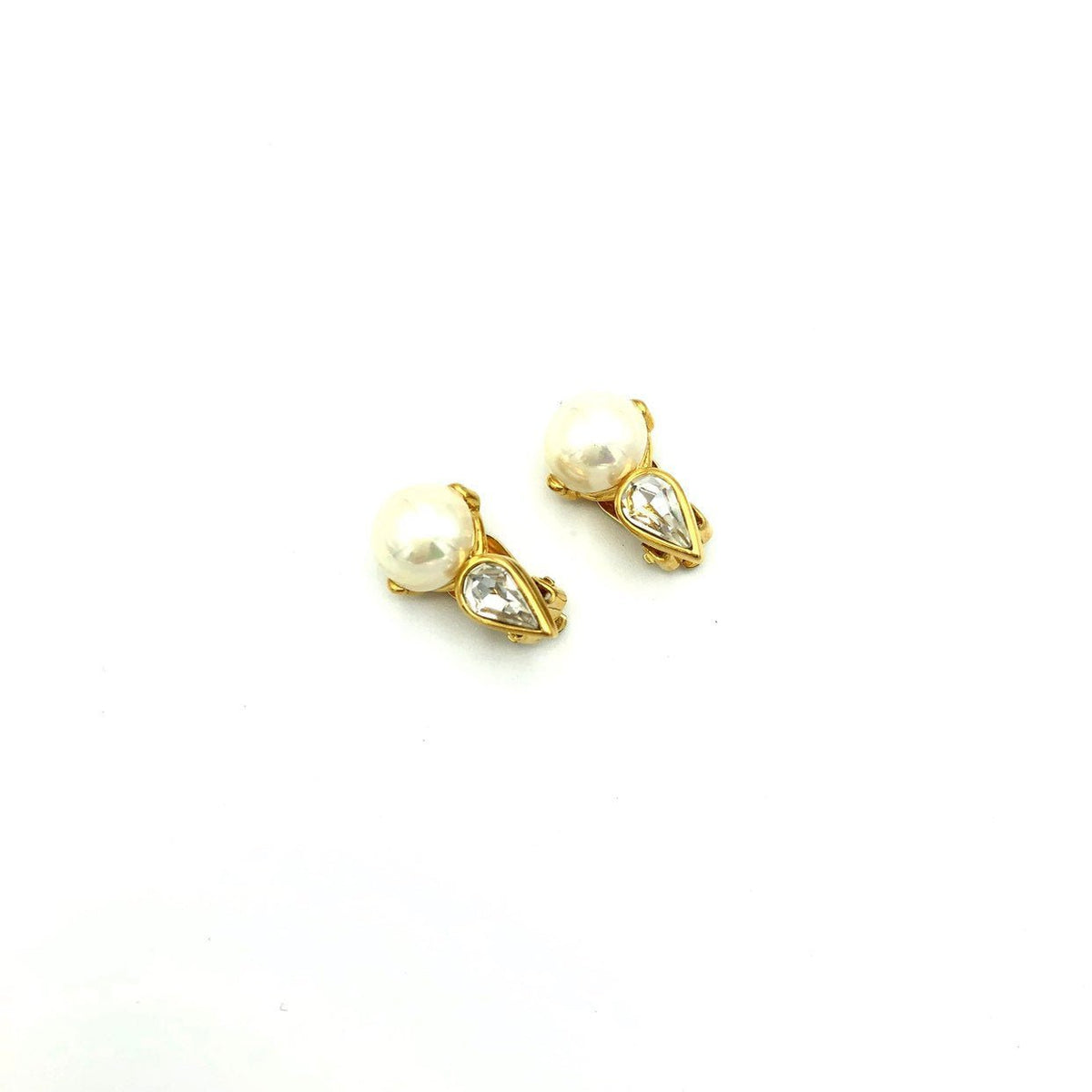 Gold Nina Ricci Classic Pearl & Rhinestone Vintage Clip - On Earrings - 24 Wishes Vintage Jewelry