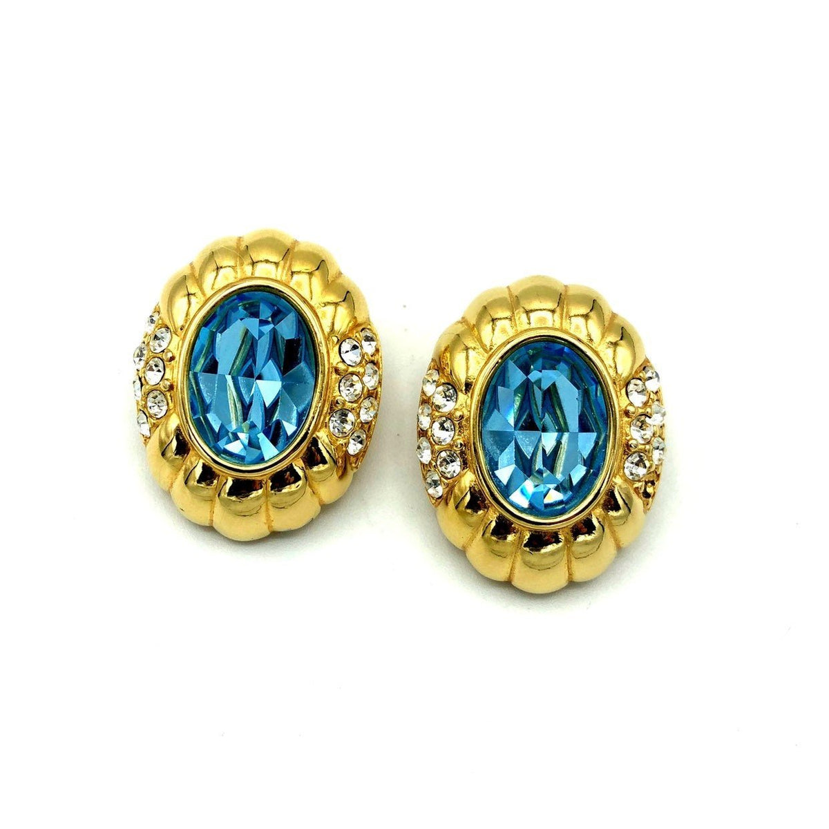 Gold Nolan Miller Blue Topaz Rhinestone Vintage Clip - On Earrings - 24 Wishes Vintage Jewelry