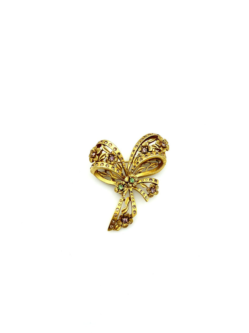 Gold Oscar De La Renta Feminine Bow & Flowers Brooch - 24 Wishes Vintage Jewelry