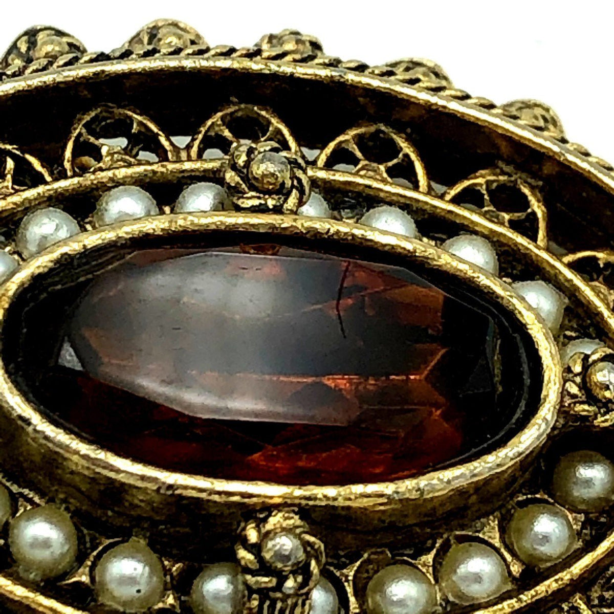 Gold Pauline Rader Victorian Revival Brown Glass Brooch Pendant - 24 Wishes Vintage Jewelry