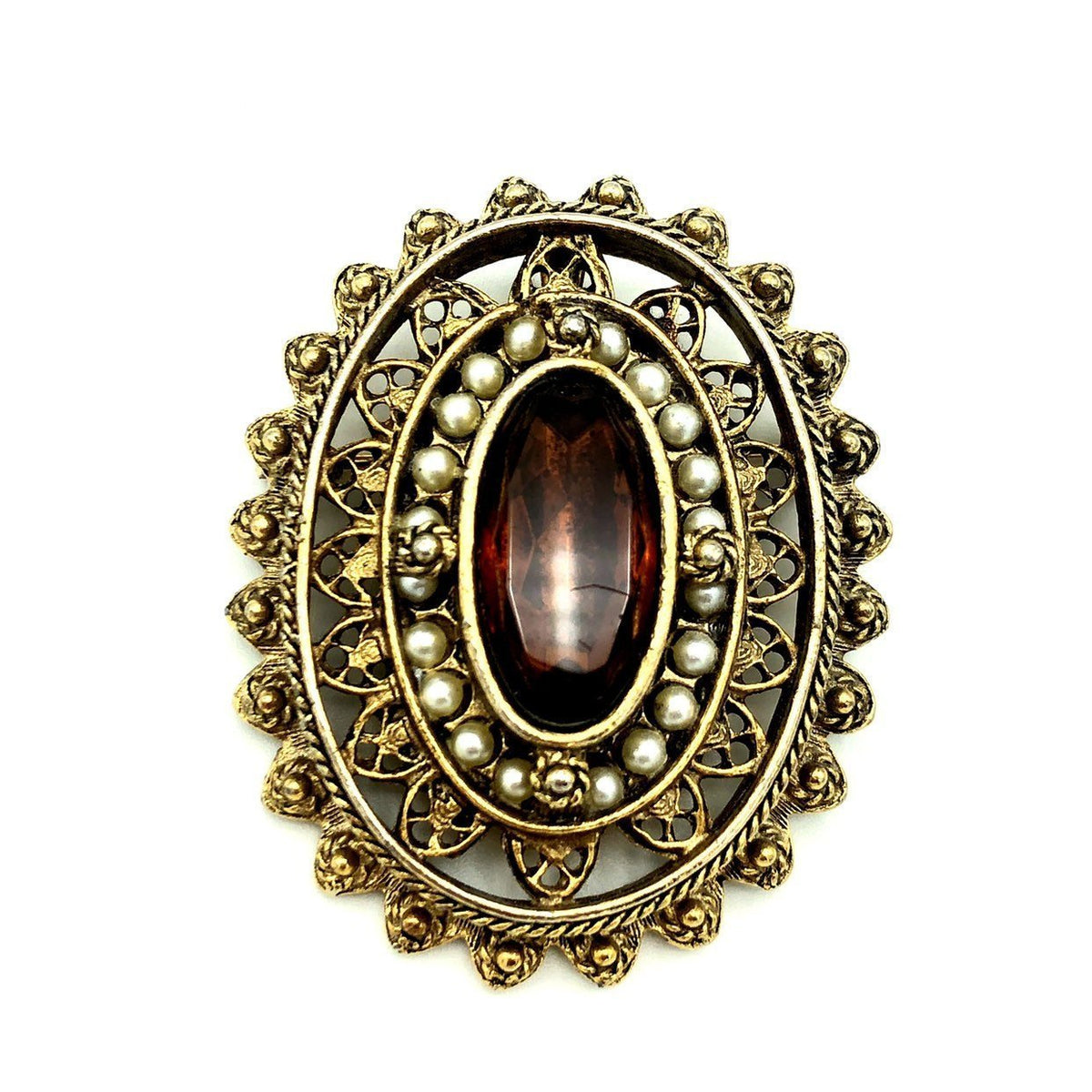 Gold Pauline Rader Victorian Revival Brown Glass Brooch Pendant - 24 Wishes Vintage Jewelry