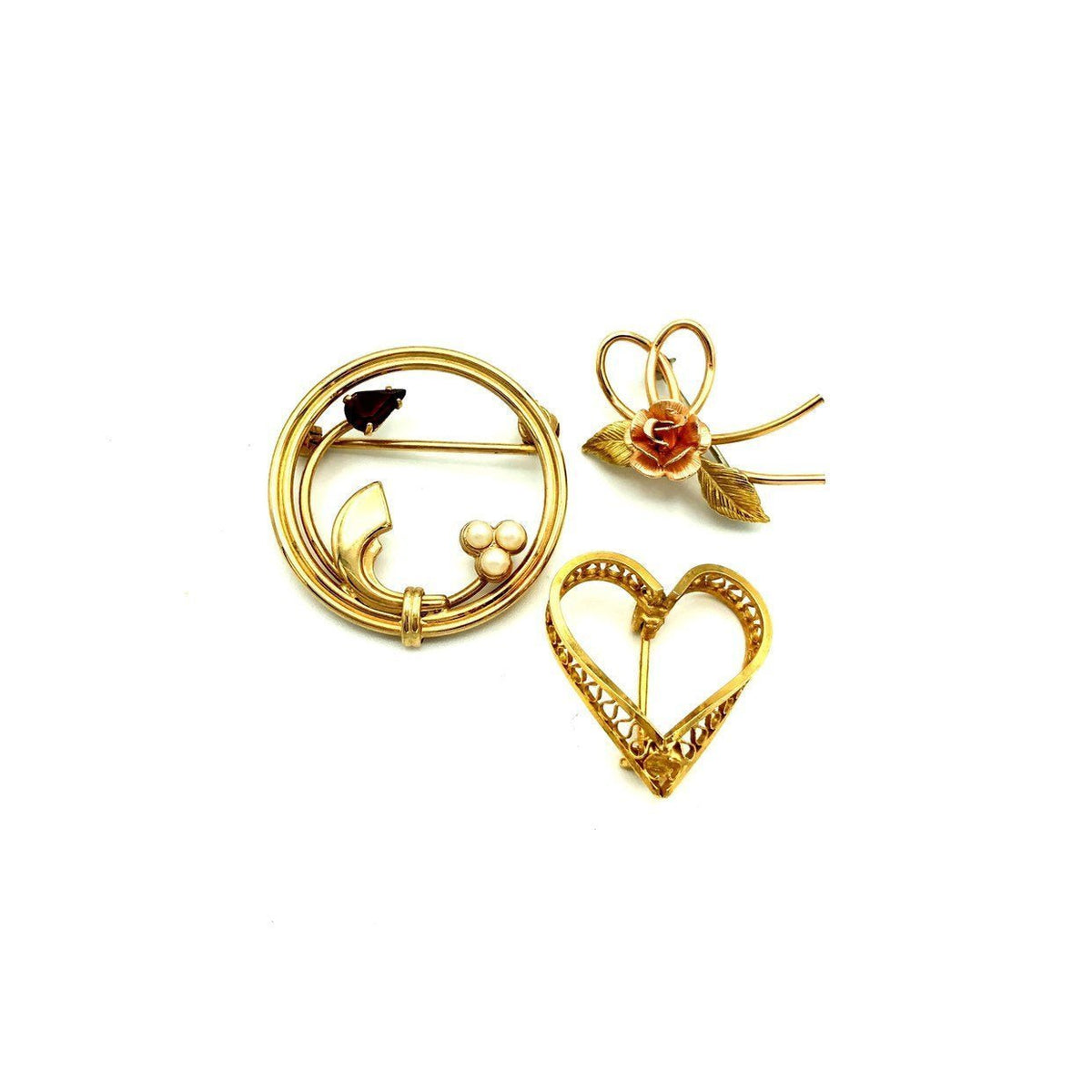 Gold Pearl Vintage Heart Brooch Scatter Pin Trio - 24 Wishes Vintage Jewelry