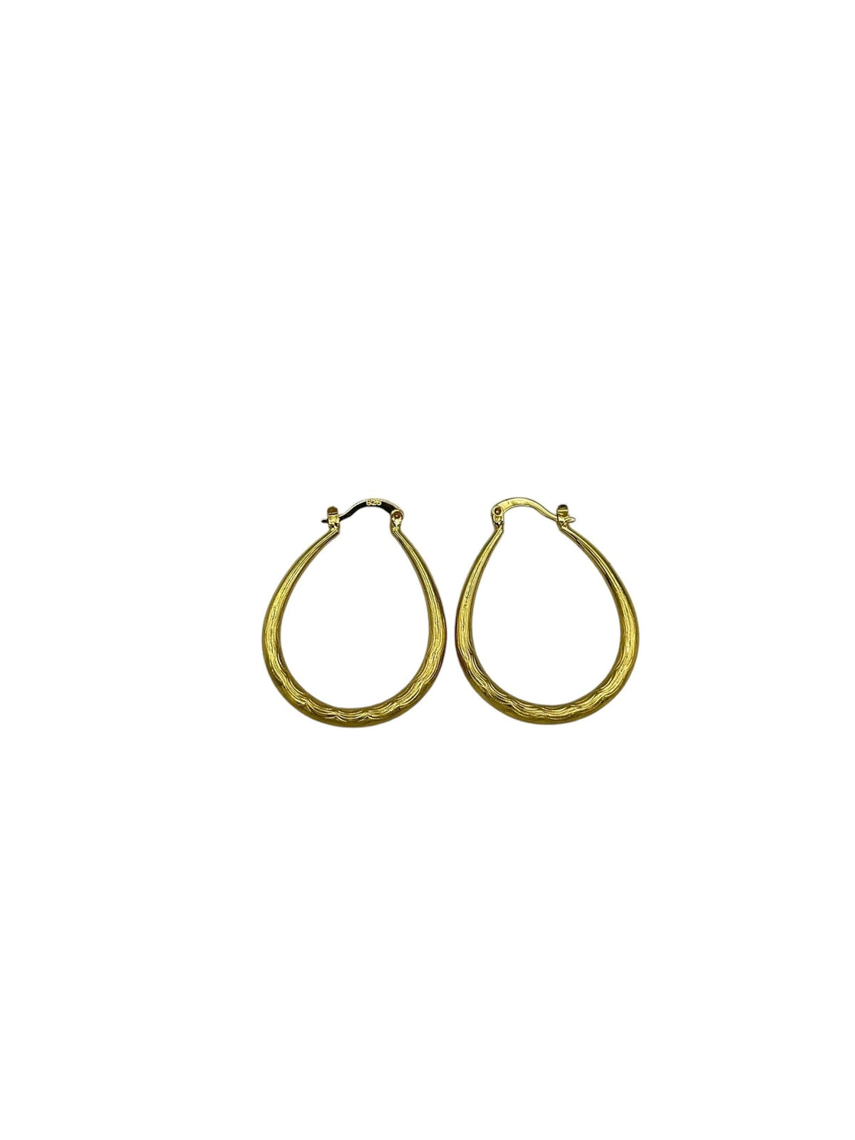 Gold Plated Sterling Silver Large Vintage Oblong Etched Hoop Pierced Earrings - 24 Wishes Vintage Jewelry