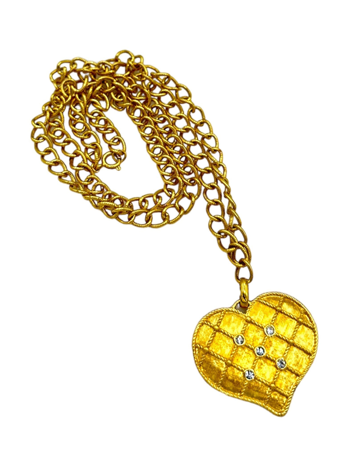 Gold Quilted Textured Rhinestone Heart Pendant - 24 Wishes Vintage Jewelry