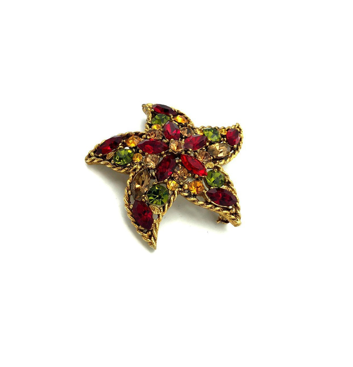 Gold Regency Red & Green Rhinestone Starfish Vintage Brooch - 24 Wishes Vintage Jewelry