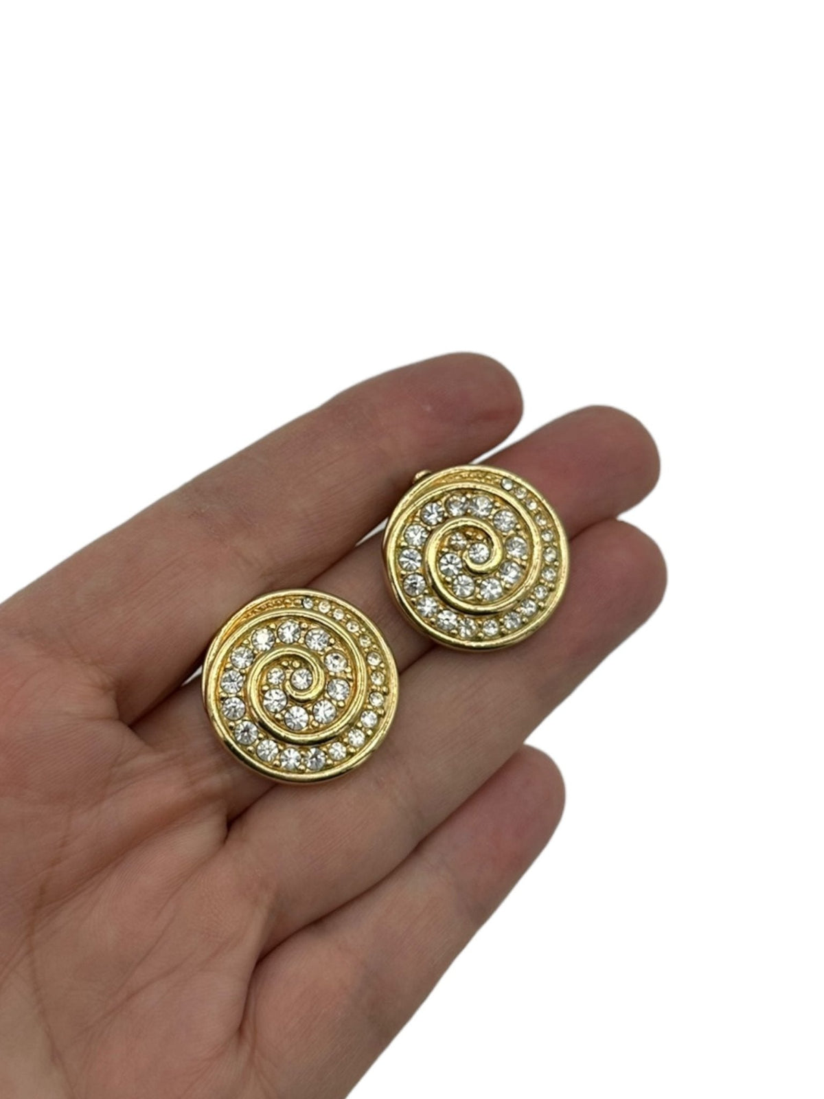 Gold Round Swarovski Clear Crystal Pave Rhinestone Clip - on Earrings - 24 Wishes Vintage Jewelry