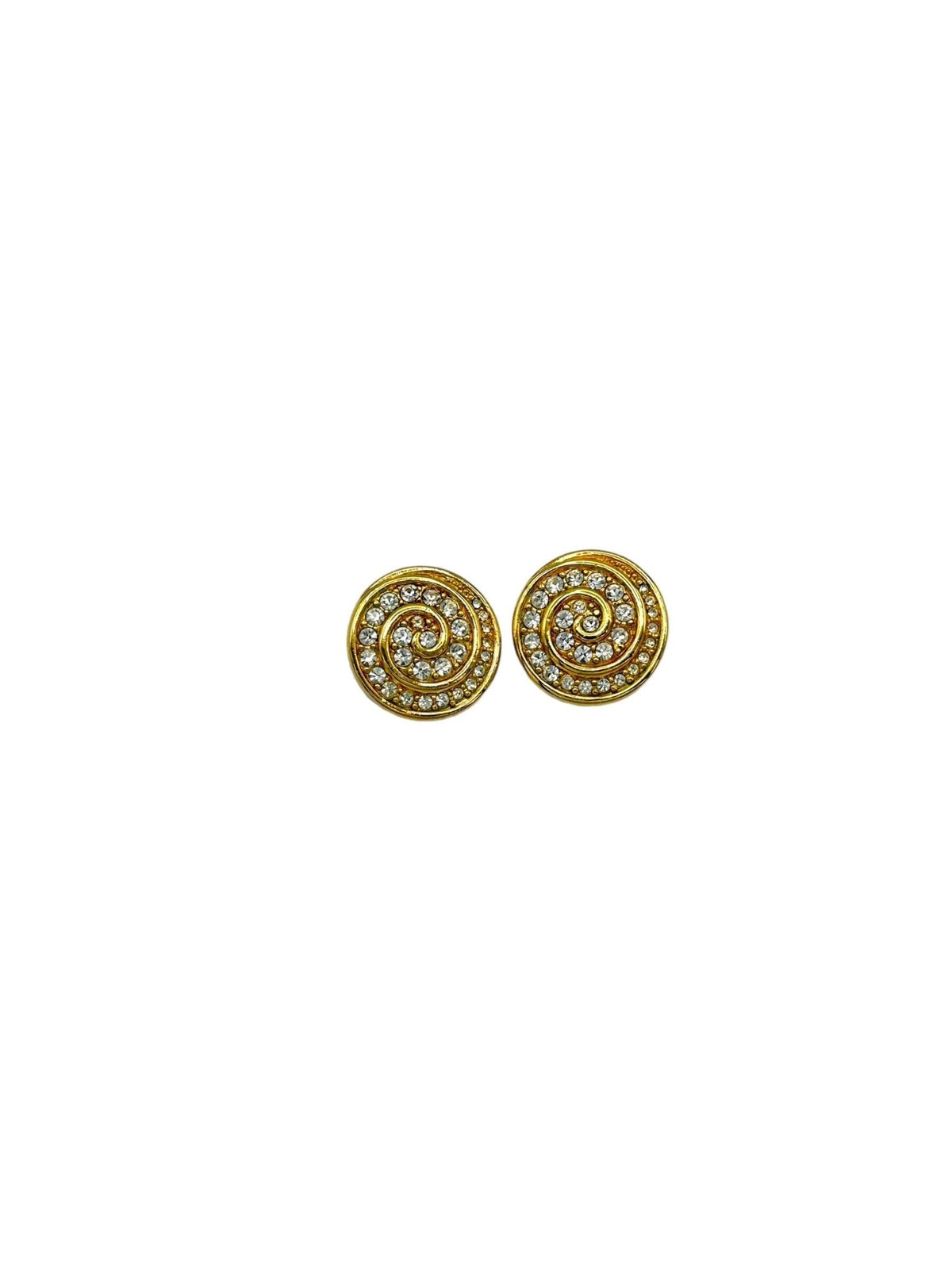 Gold Round Swarovski Clear Crystal Pave Rhinestone Clip - on Earrings - 24 Wishes Vintage Jewelry