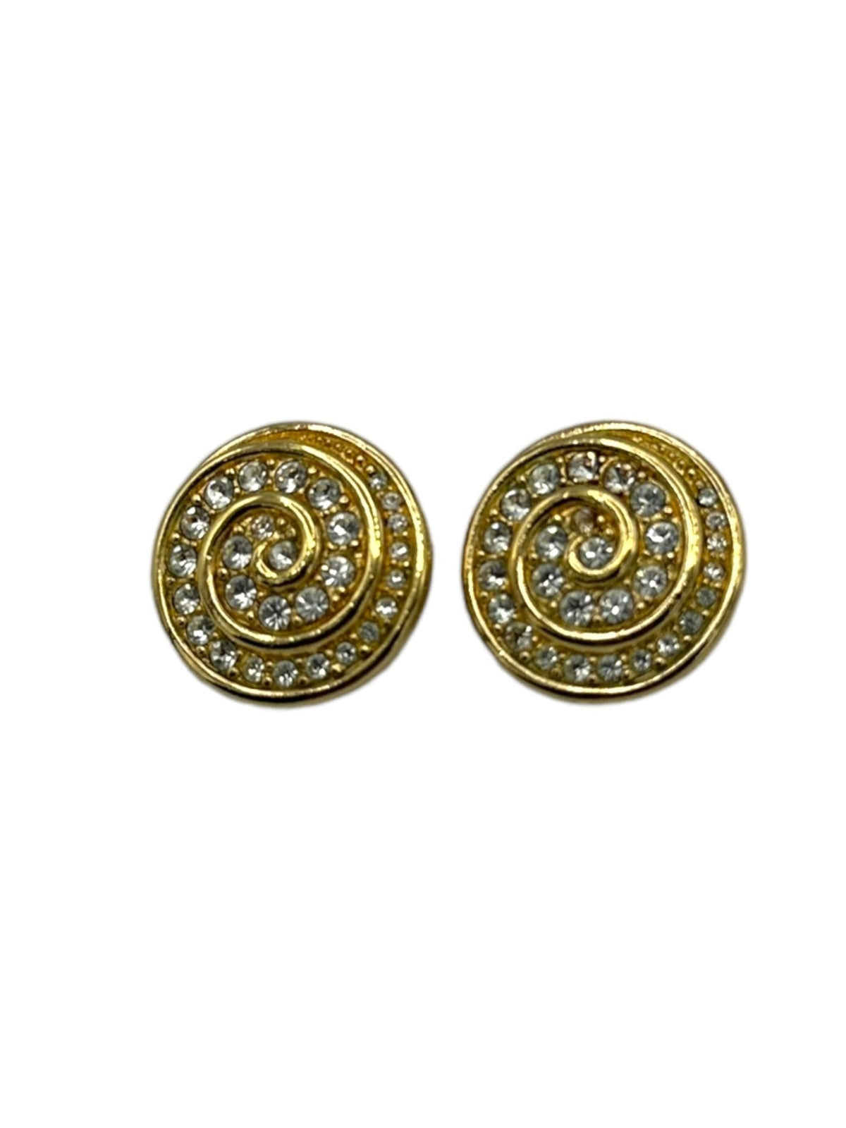 Gold Round Swarovski Clear Crystal Pave Rhinestone Clip - on Earrings - 24 Wishes Vintage Jewelry