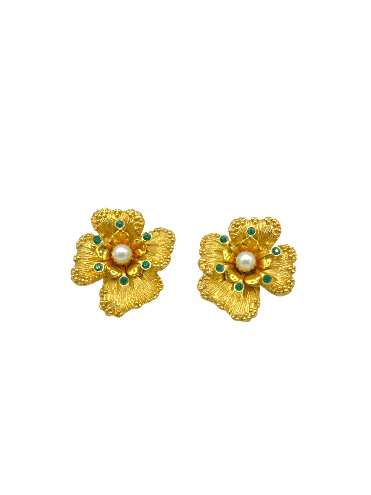 Gold Sarah Coventry Vintage Flower Green Rhinestone Clip - On Earrings - 24 Wishes Vintage Jewelry