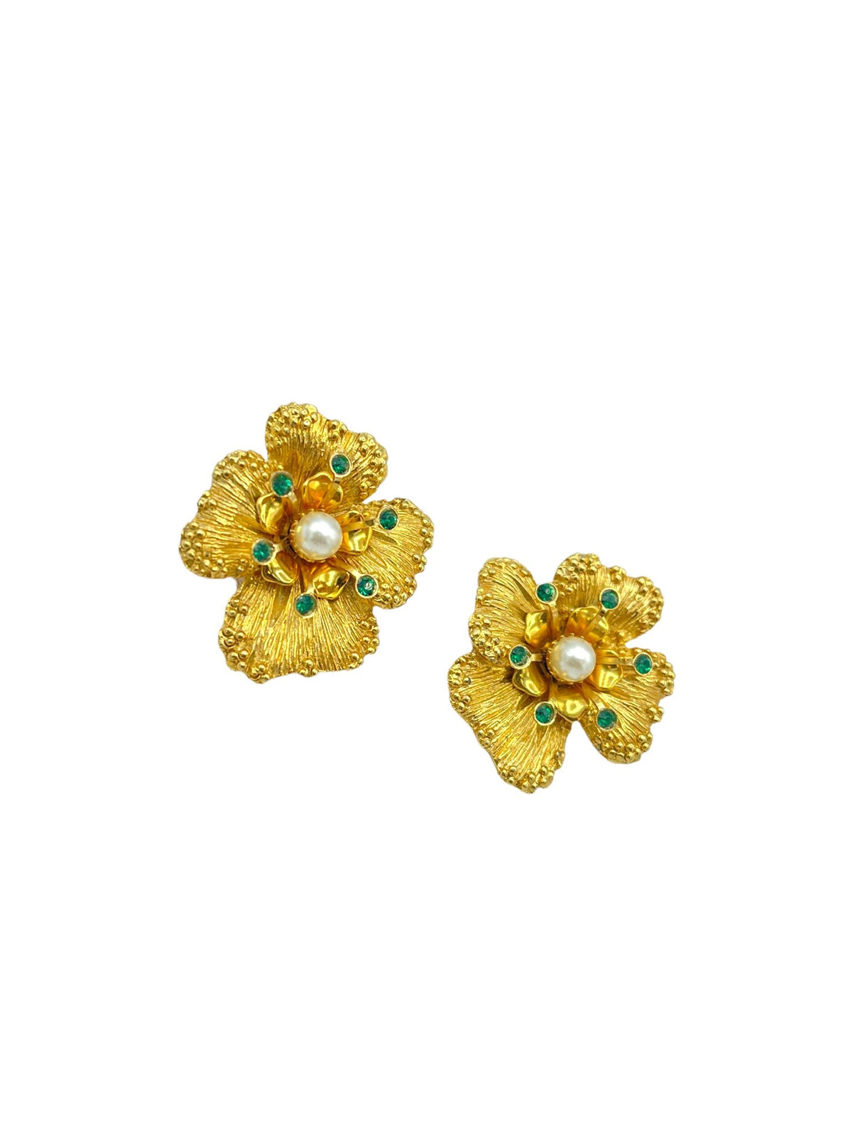 Gold Sarah Coventry Vintage Flower Green Rhinestone Clip - On Earrings - 24 Wishes Vintage Jewelry