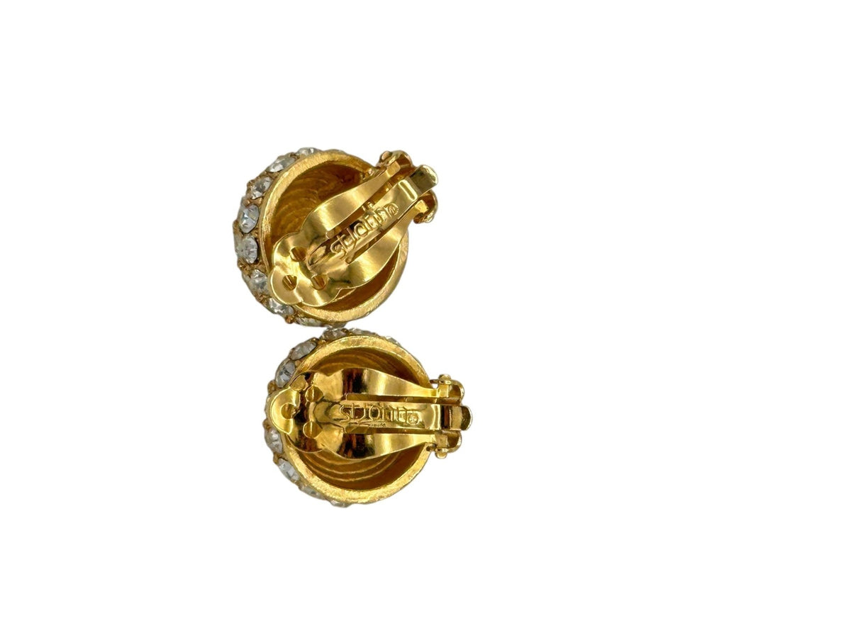 Gold St. John Petite Gold Round Diamante Vintage Clip - On Earrings - 24 Wishes Vintage Jewelry