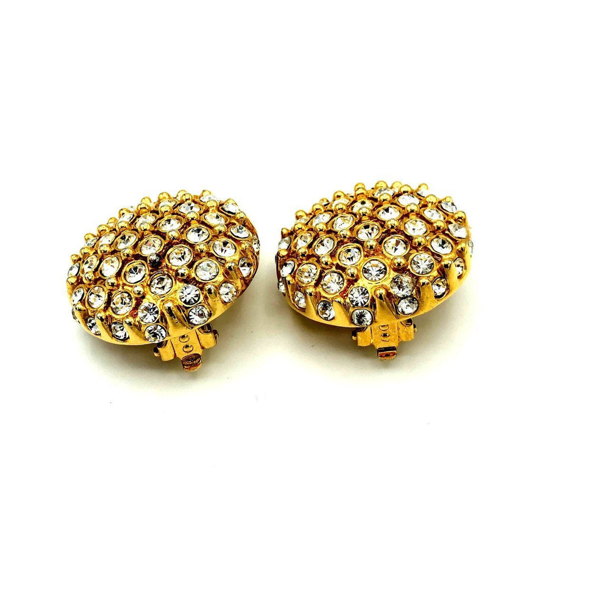 Gold St. John Round Diamante Vintage Clip - On Earrings - 24 Wishes Vintage Jewelry