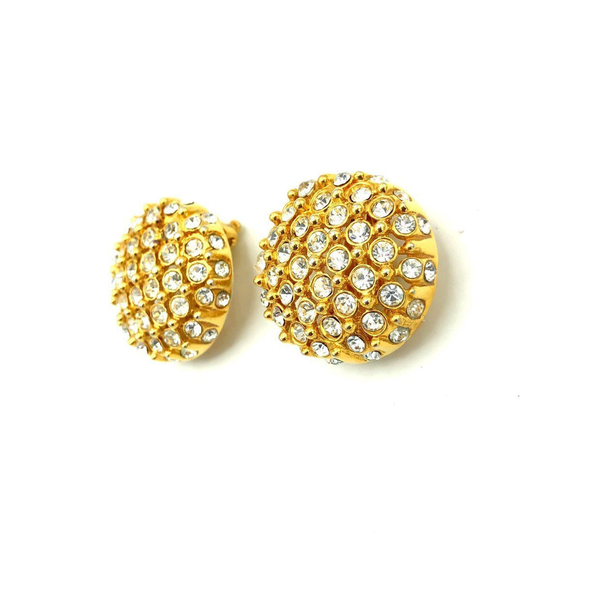 Gold St. John Round Diamante Vintage Clip - On Earrings - 24 Wishes Vintage Jewelry