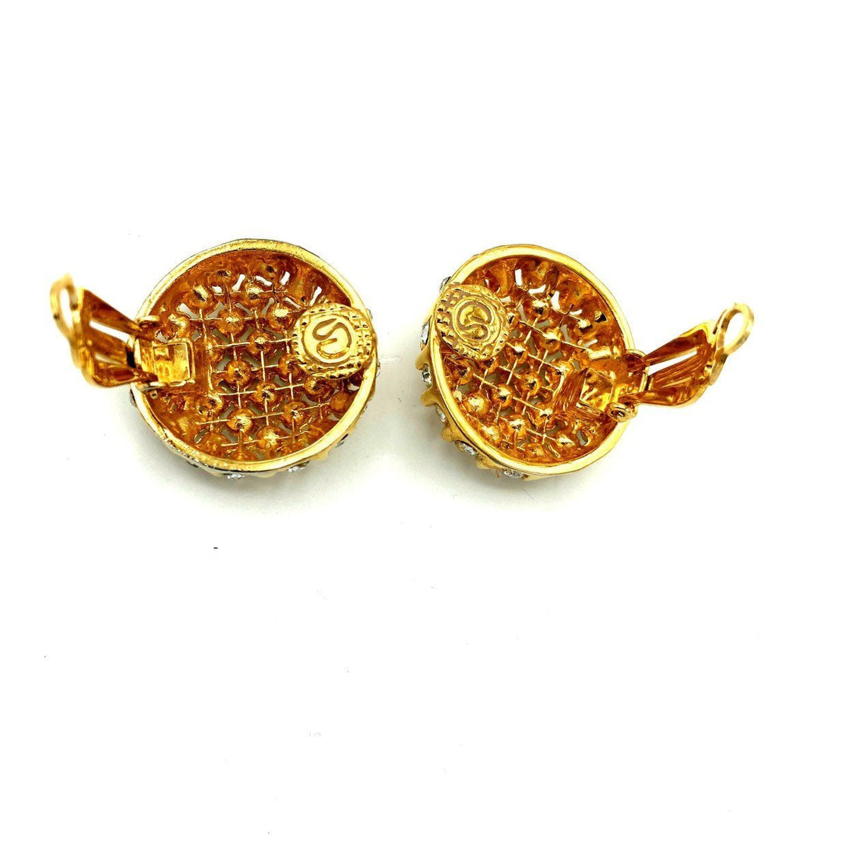 Gold St. John Round Diamante Vintage Clip - On Earrings - 24 Wishes Vintage Jewelry