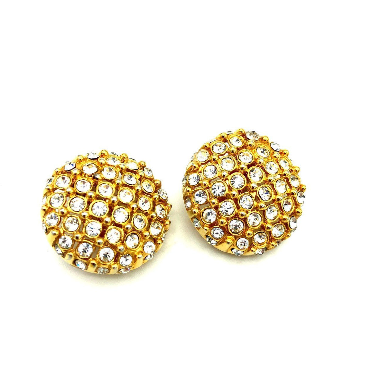 Gold St. John Round Diamante Vintage Clip - On Earrings - 24 Wishes Vintage Jewelry