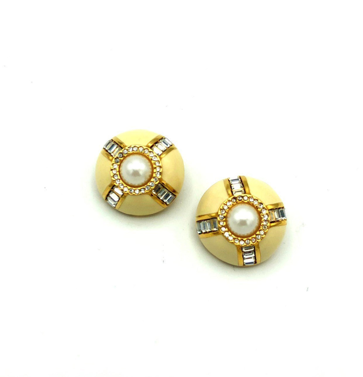 Gold St. John Round Enamel Pearl Vintage Clip - On Earrings - 24 Wishes Vintage Jewelry