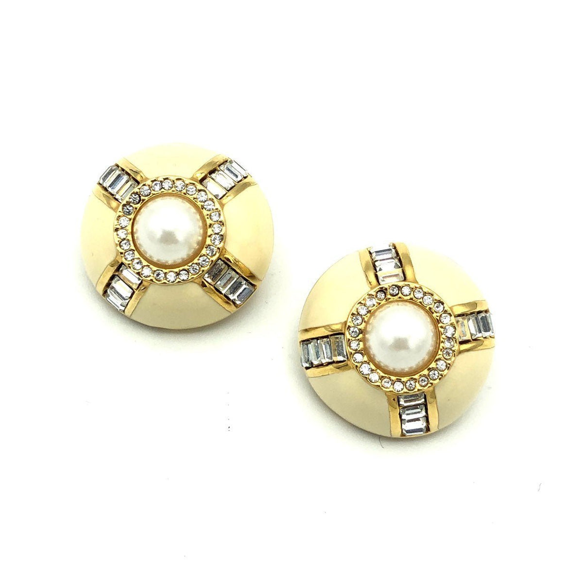 Gold St. John Round Enamel Pearl Vintage Clip - On Earrings - 24 Wishes Vintage Jewelry