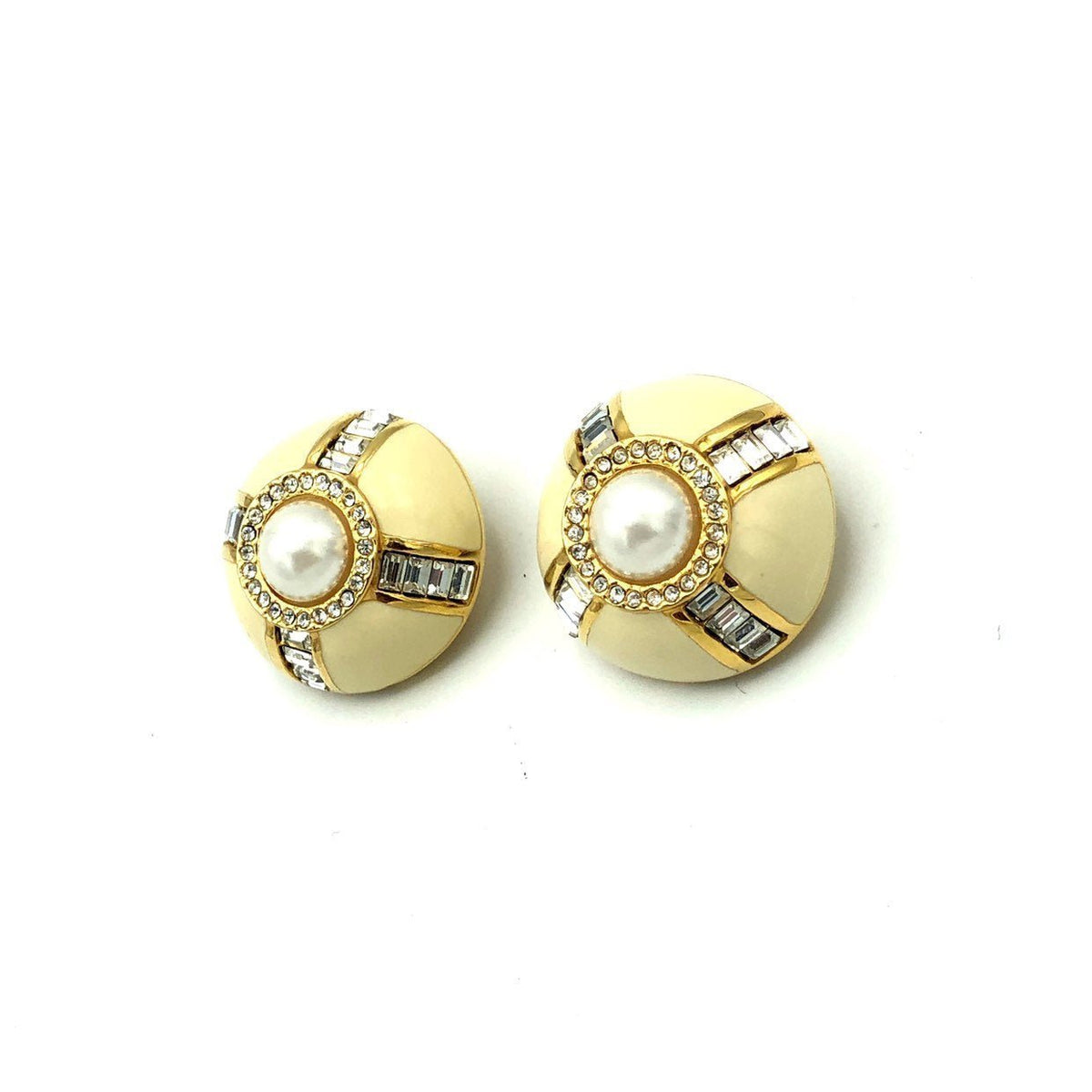 Gold St. John Round Enamel Pearl Vintage Clip - On Earrings - 24 Wishes Vintage Jewelry