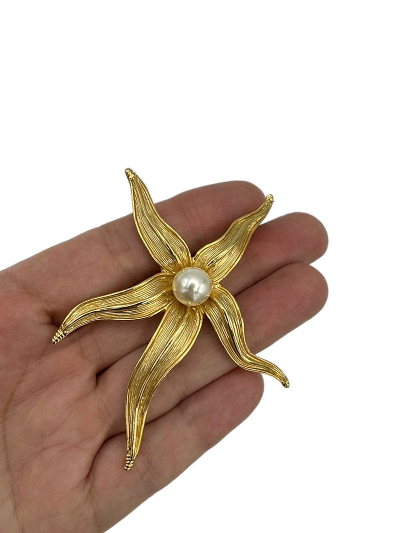 Gold Starfish Pearl Center Vintage Brooch by Craft - 24 Wishes Vintage Jewelry