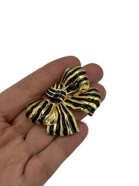 Gold Swarovski Black Enamel Bow Classic Brooch - 24 Wishes Vintage Jewelry