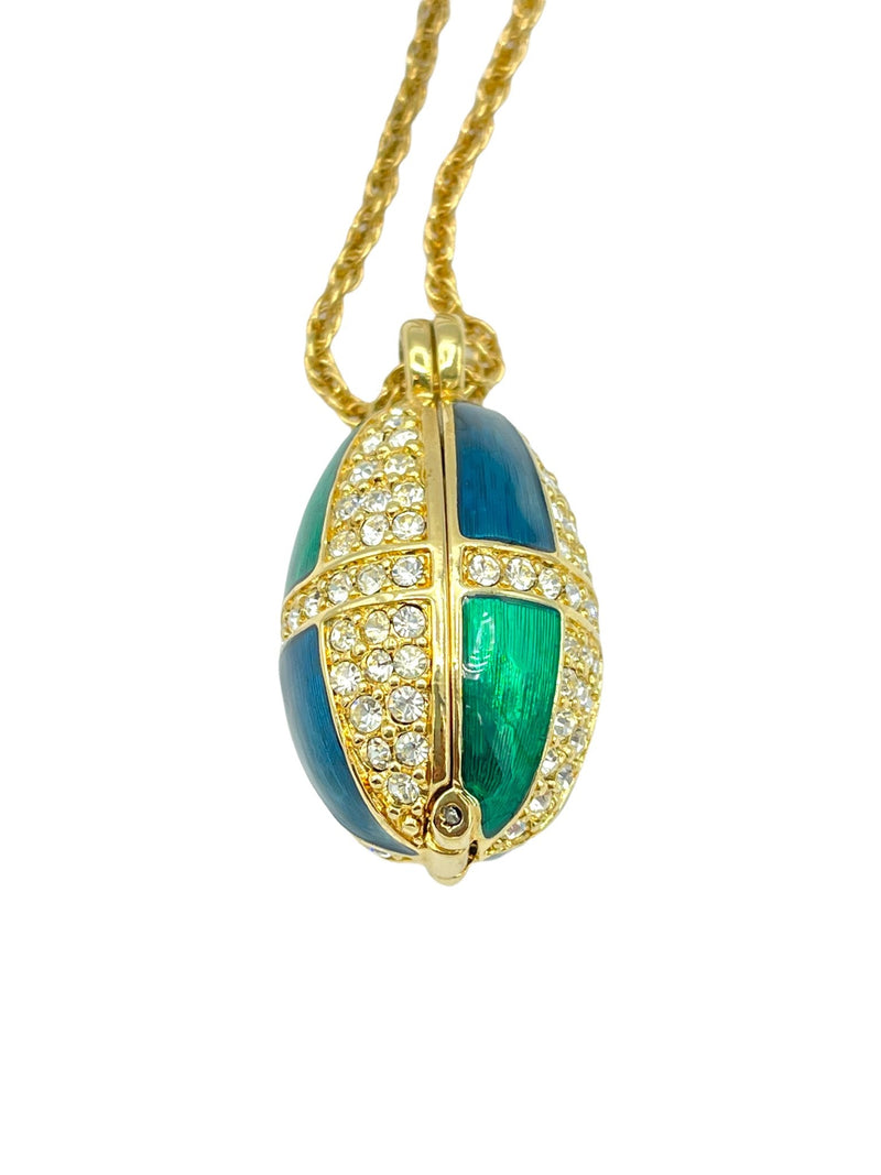 Gold Swarovski Blue and Green Enamel Faberge Egg Pendant - 24 Wishes Vintage Jewelry