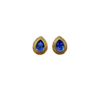 Gold Swarovski Blue Faceted Teardrop Crystal Rhinestone Pierced Earrings - 24 Wishes Vintage Jewelry