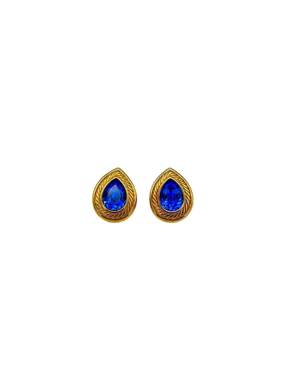 Gold Swarovski Blue Faceted Teardrop Crystal Rhinestone Pierced Earrings - 24 Wishes Vintage Jewelry