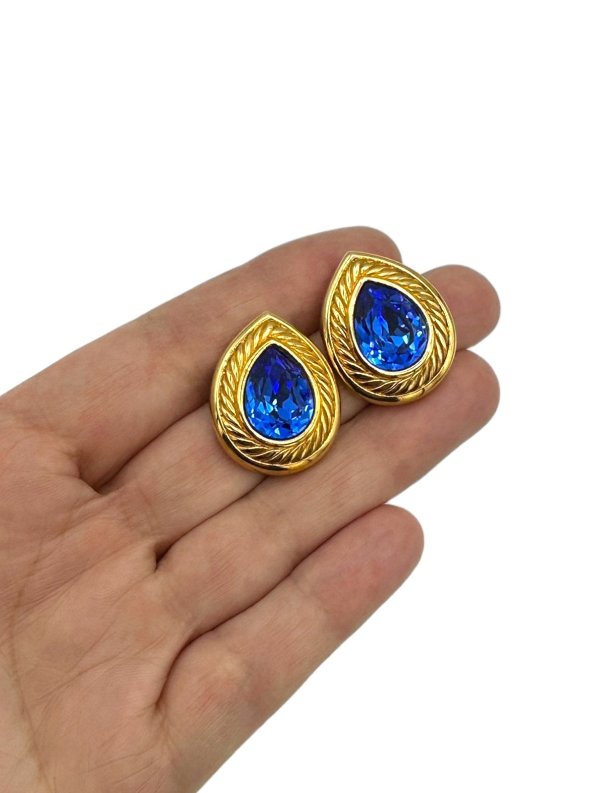 Gold Swarovski Blue Faceted Teardrop Crystal Rhinestone Pierced Earrings - 24 Wishes Vintage Jewelry