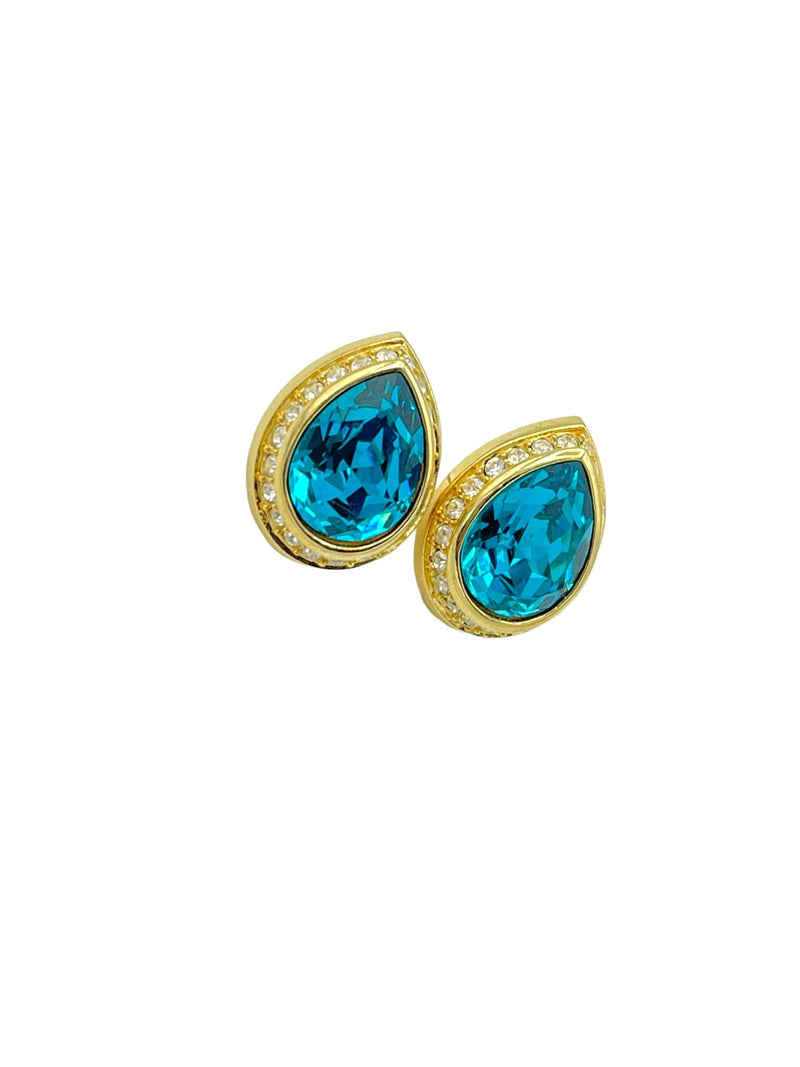 Gold Swarovski Classic Blue Teardrop Crystal Pierced Earrings - 24 Wishes Vintage Jewelry