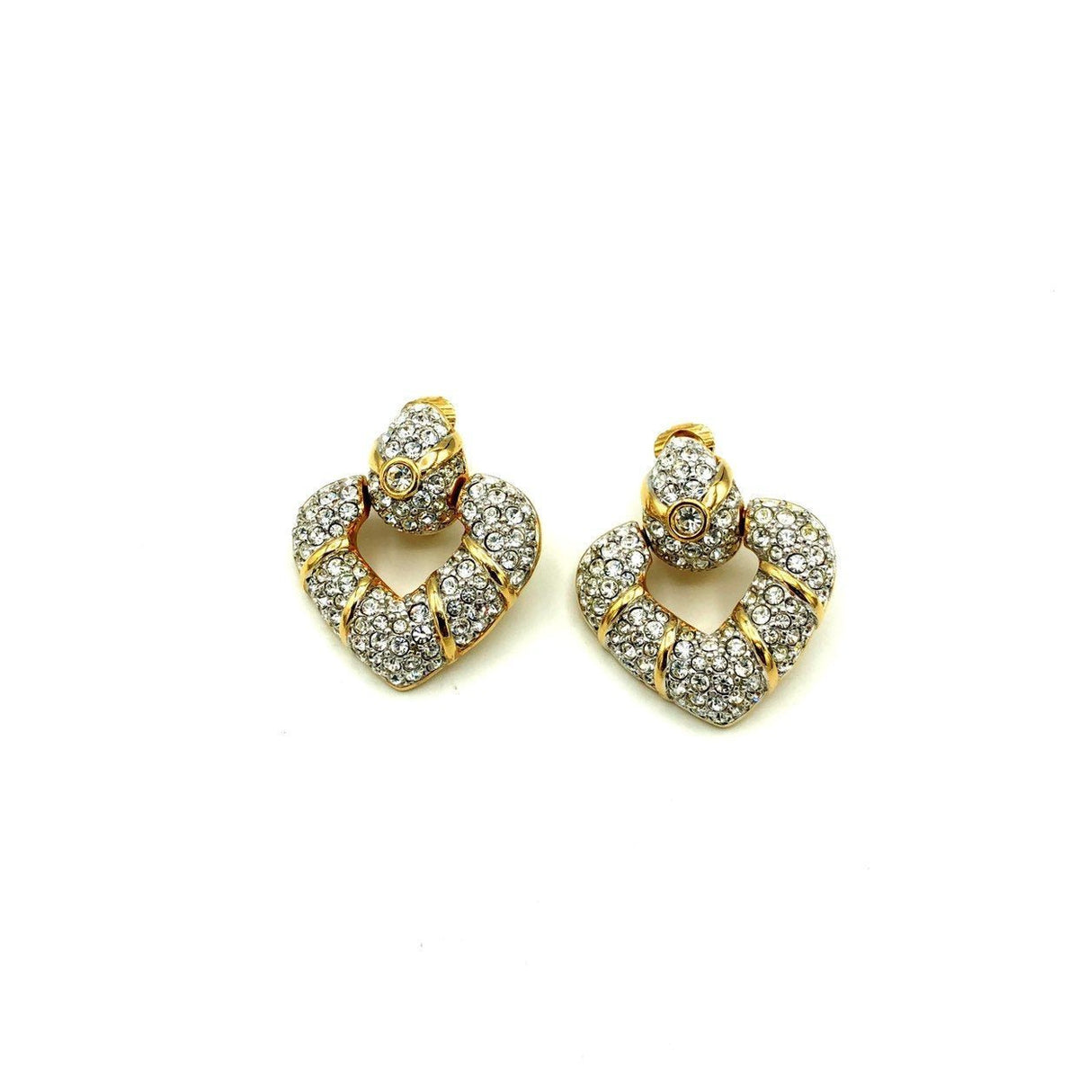 Gold Swarovski Clear Crystal Rhinestone Heart Door Knocker Clip - On Earrings - 24 Wishes Vintage Jewelry