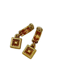 Gold Swarovski Etruscan Red Dangle Crystal Pierced Hoop Earrings - 24 Wishes Vintage Jewelry