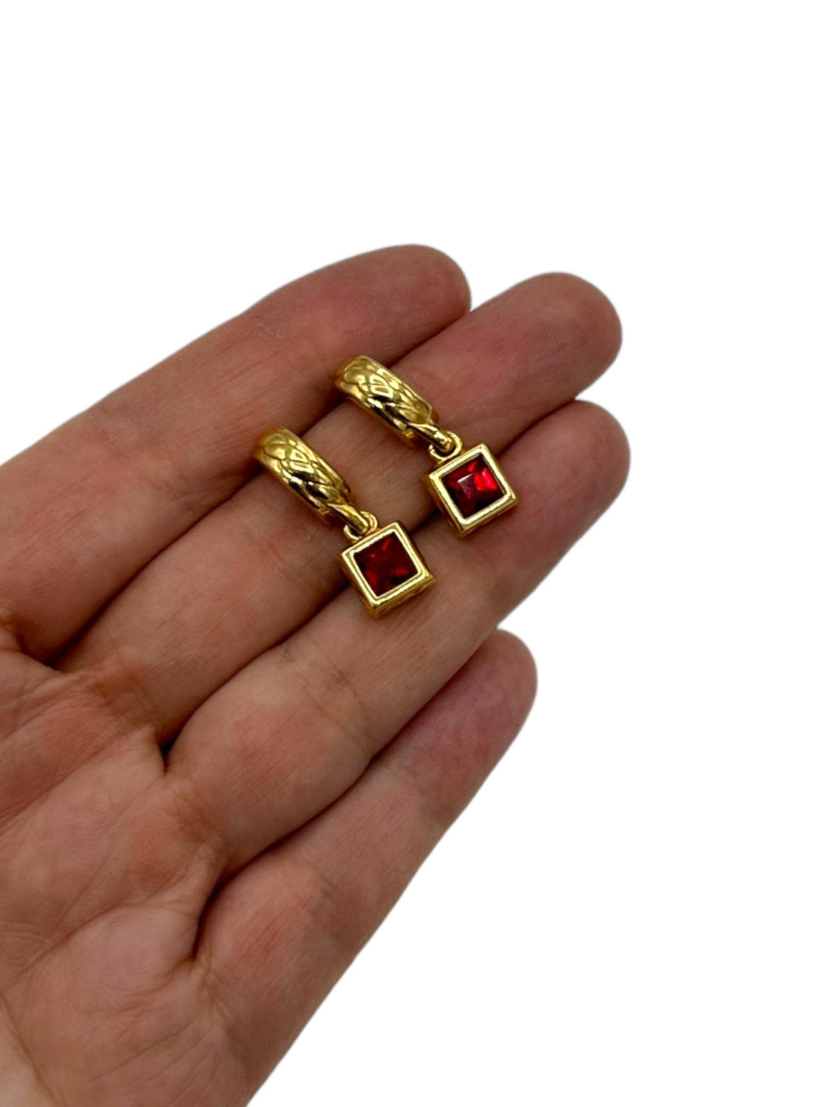 Gold Swarovski Etruscan Red Dangle Crystal Pierced Hoop Earrings - 24 Wishes Vintage Jewelry