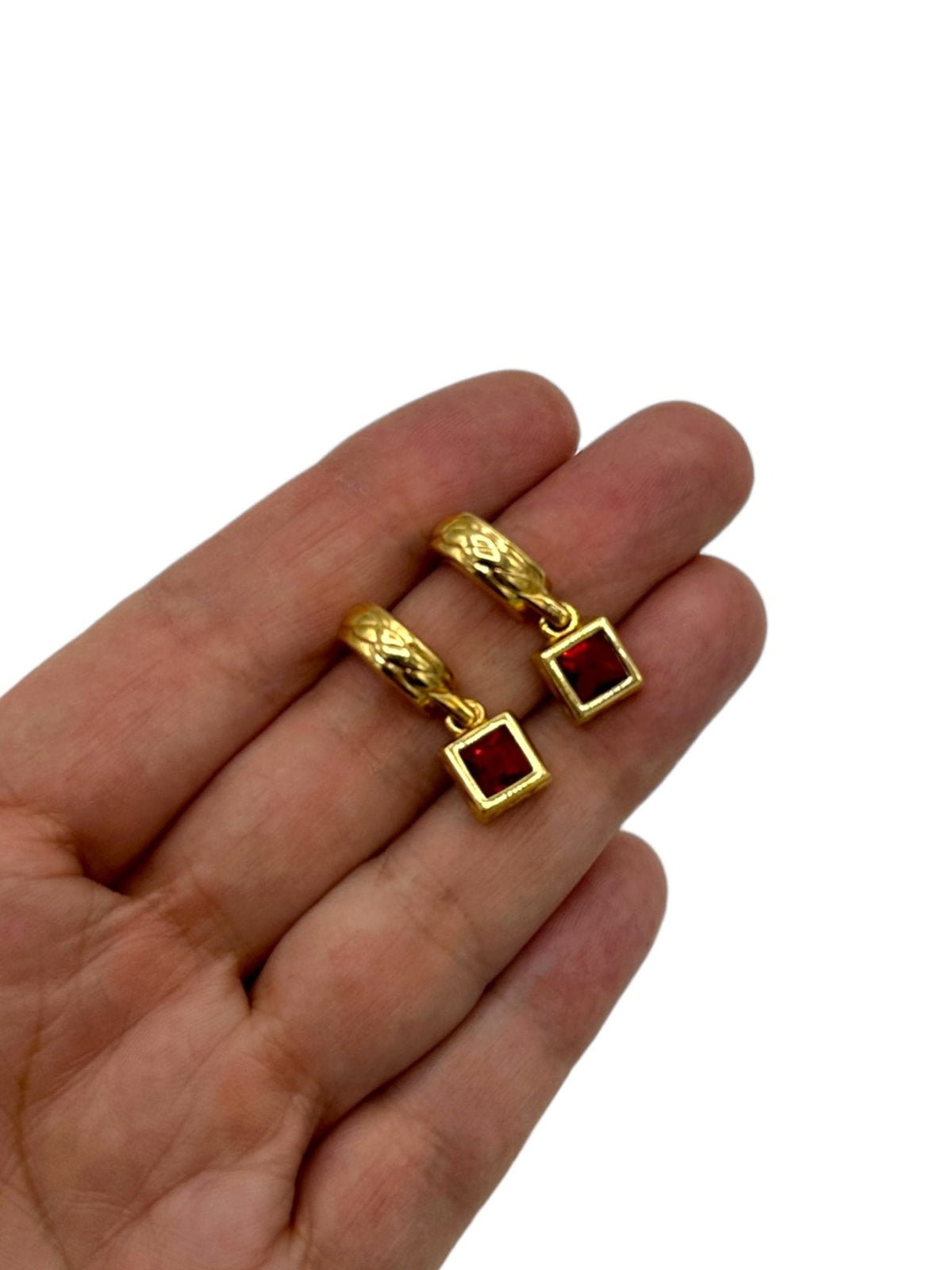 Gold Swarovski Etruscan Red Dangle Crystal Pierced Hoop Earrings - 24 Wishes Vintage Jewelry