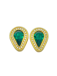 Gold Swarovski Green Crystal Vintage Clip - On Earrings - 24 Wishes Vintage Jewelry