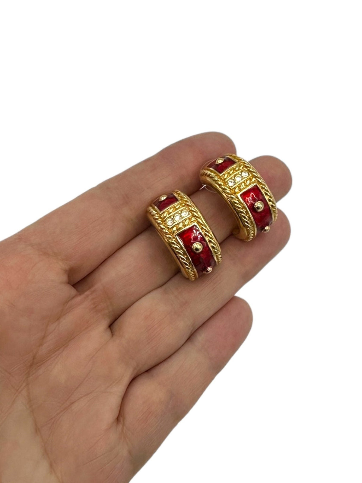 Gold Swarovski Red Enamel Etruscan Pierced Chunky Hoop Earrings - 24 Wishes Vintage Jewelry