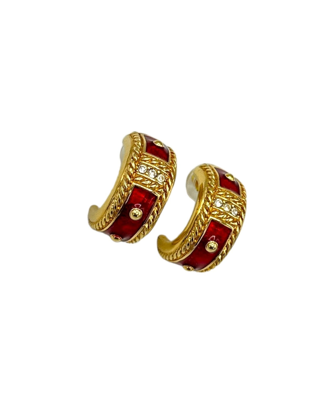 Gold Swarovski Red Enamel Etruscan Pierced Chunky Hoop Earrings - 24 Wishes Vintage Jewelry