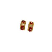 Gold Swarovski Red Enamel Etruscan Pierced Chunky Hoop Earrings - 24 Wishes Vintage Jewelry