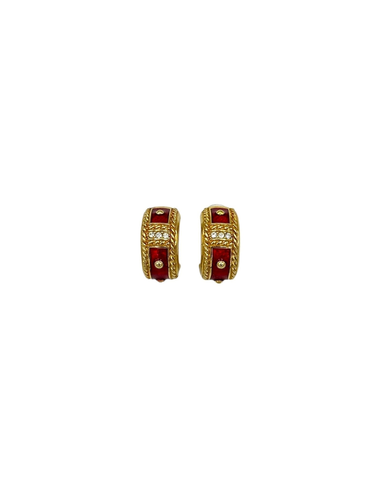 Gold Swarovski Red Enamel Etruscan Pierced Chunky Hoop Earrings - 24 Wishes Vintage Jewelry