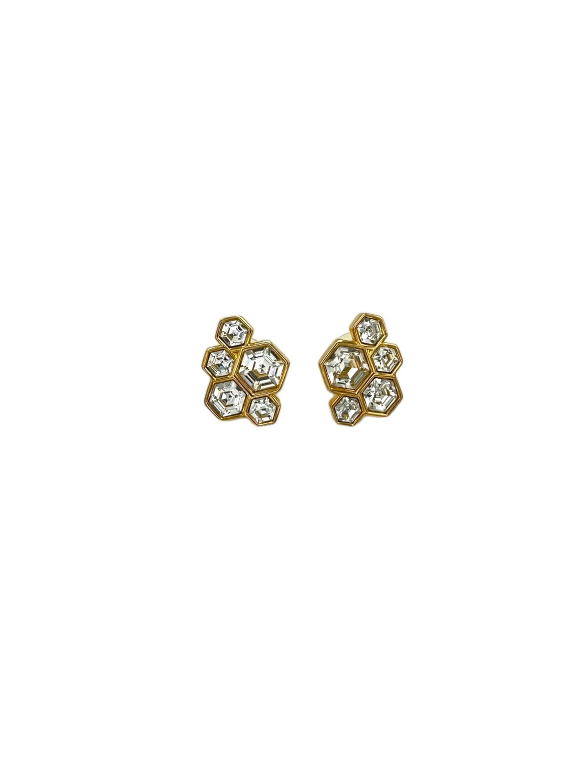 Gold Swarovski SAL Clear Crystal Classic Honeycomb Pierced Earrings - 24 Wishes Vintage Jewelry