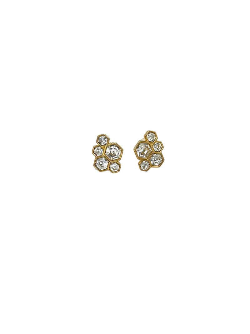 Gold Swarovski SAL Clear Crystal Classic Honeycomb Pierced Earrings - 24 Wishes Vintage Jewelry