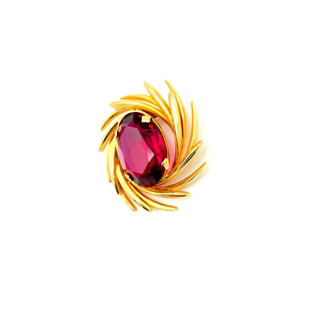 Gold Swirl Large Ruby Red Pink Vintage Brooch Pin - 24 Wishes Vintage Jewelry