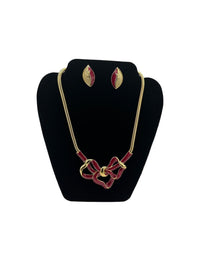 Gold Trifari Large Red Enamel Bow Pendant & Pierced Earrings Jewelry Set - 24 Wishes Vintage Jewelry