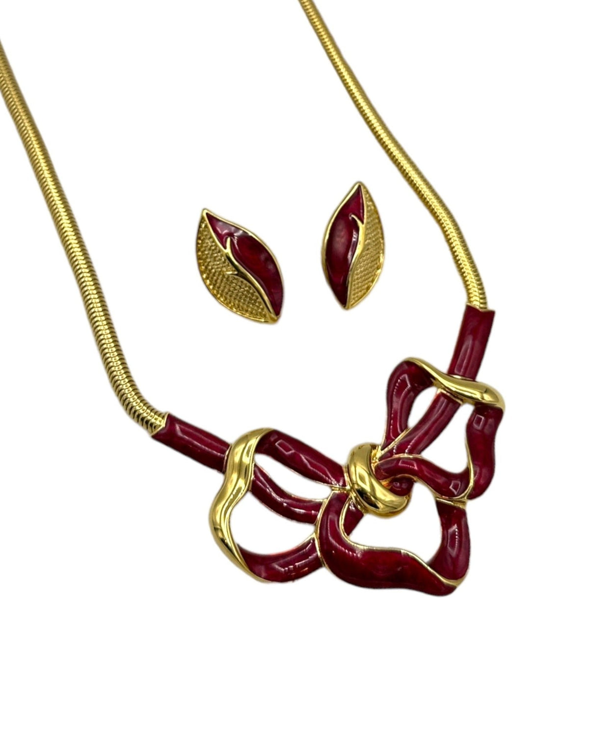 Gold Trifari Large Red Enamel Bow Pendant & Pierced Earrings Jewelry Set - 24 Wishes Vintage Jewelry