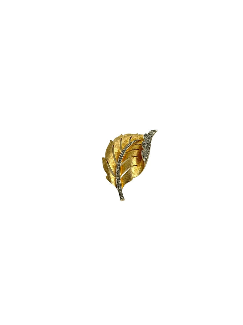 Gold Trifari Rhinestone Leaf Vintage Brooch - 24 Wishes Vintage Jewelry