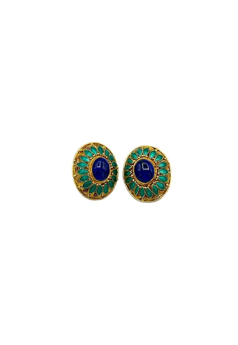 Gold Vermeil Oval Filigree Blue Enamel Statement Clip - On Earrings - 24 Wishes Vintage Jewelry