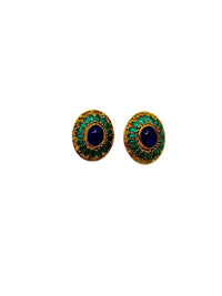 Gold Vermeil Oval Filigree Blue Enamel Statement Clip - On Earrings - 24 Wishes Vintage Jewelry